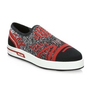 Prada Black/Red Twill Knit Slip-on Sneakers Flats